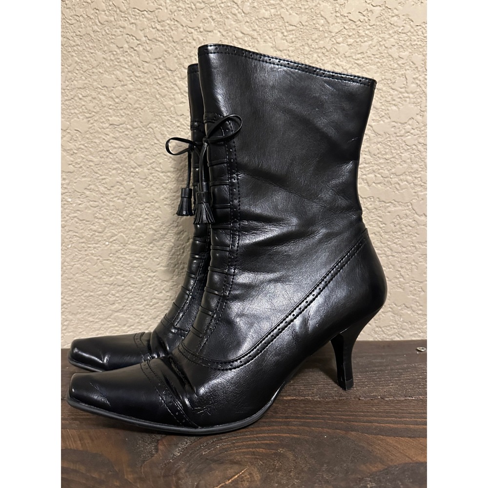Liz Claiborne Lorraine Black Faux Leather Tassel Kitten Heel Mid-Calf Boots 7.5M - Picture 10 of 14